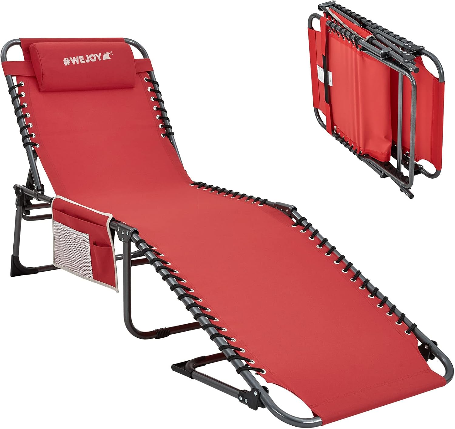 2 Pack Outdoor Chaise Lounge Chair - Portable Folding Patio Pool Lounge Chair, 5 Positions Adjustable Reclining Camping Chair with Side Table,Shoulder Strap, Pillow for Beach Sunbathing Lawn wourant