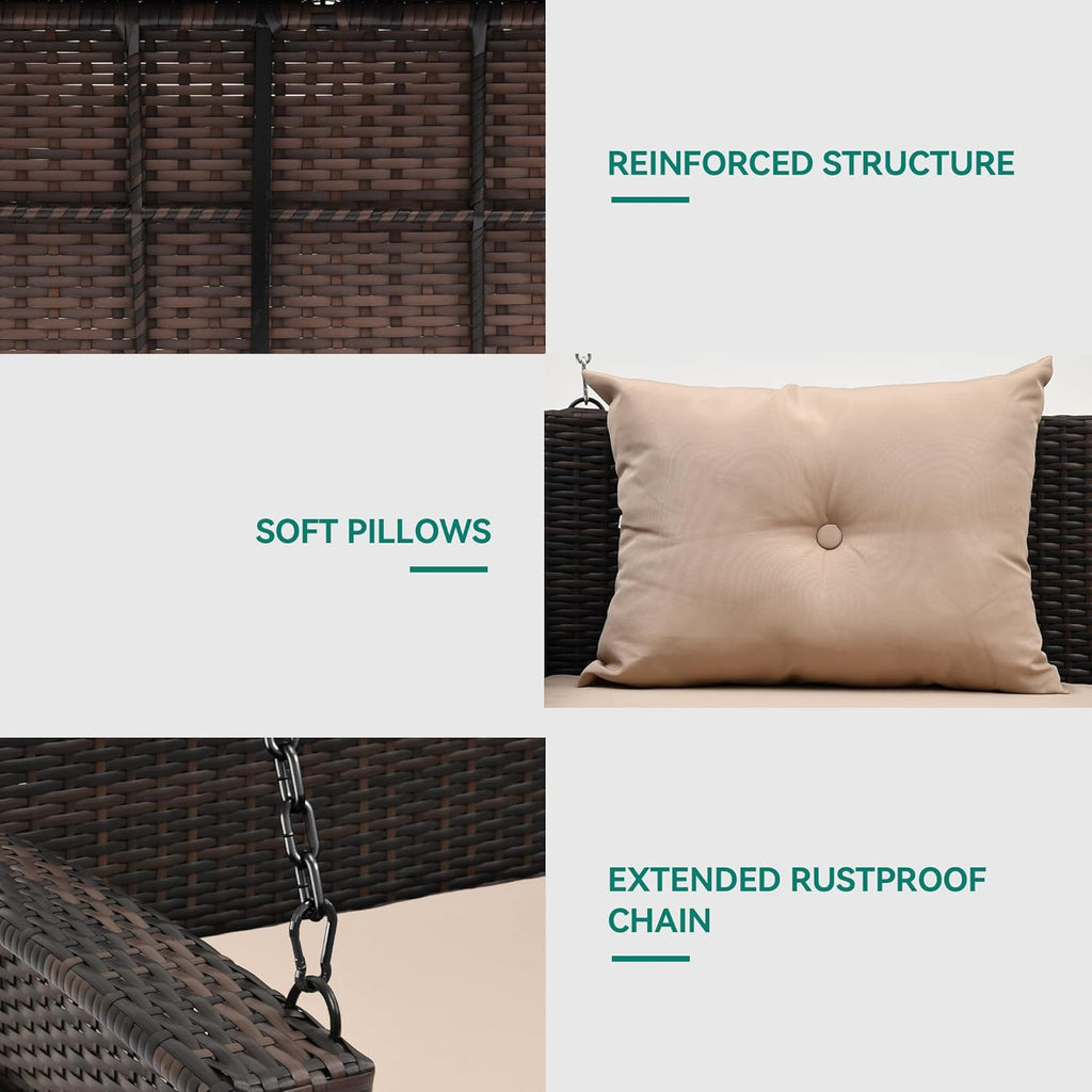 YITAHOME Hanging Porch Swing Chair Sits 3 People, Wicker Outdoor Swing Bench, Patio Lounge Chair, 1 Seating Cushion and 3 Back Cushions, w/Removable Covers, for Garden, Balcony, Backyard, Brown wourant