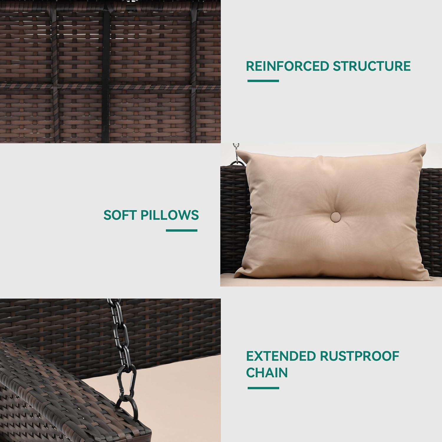 YITAHOME Hanging Porch Swing Chair Sits 3 People, Wicker Outdoor Swing Bench, Patio Lounge Chair, 1 Seating Cushion and 3 Back Cushions, w/Removable Covers, for Garden, Balcony, Backyard, Brown wourant