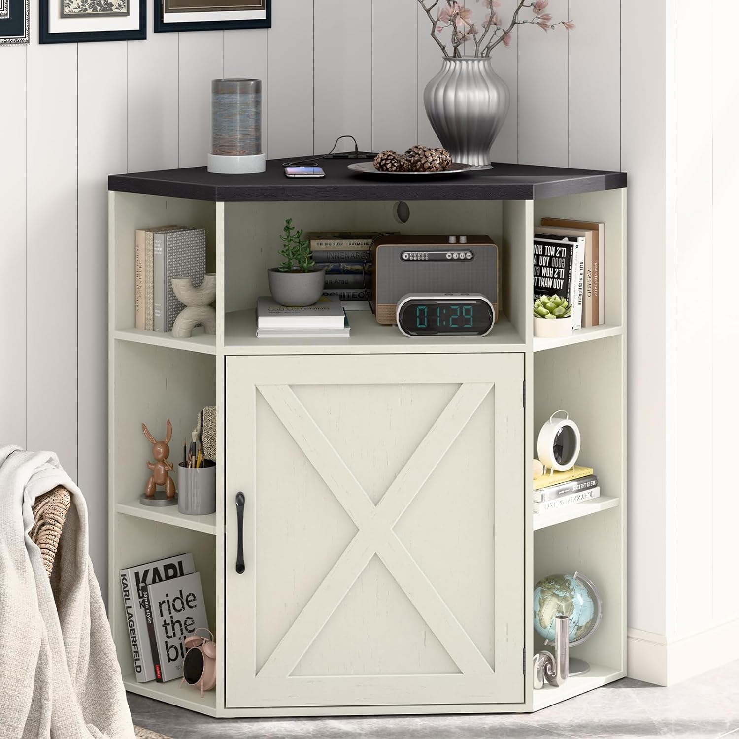 Vabches Corner Cabinet, Corner Storage Shelf with USB Ports and Outlets Industrial Organizer wourant