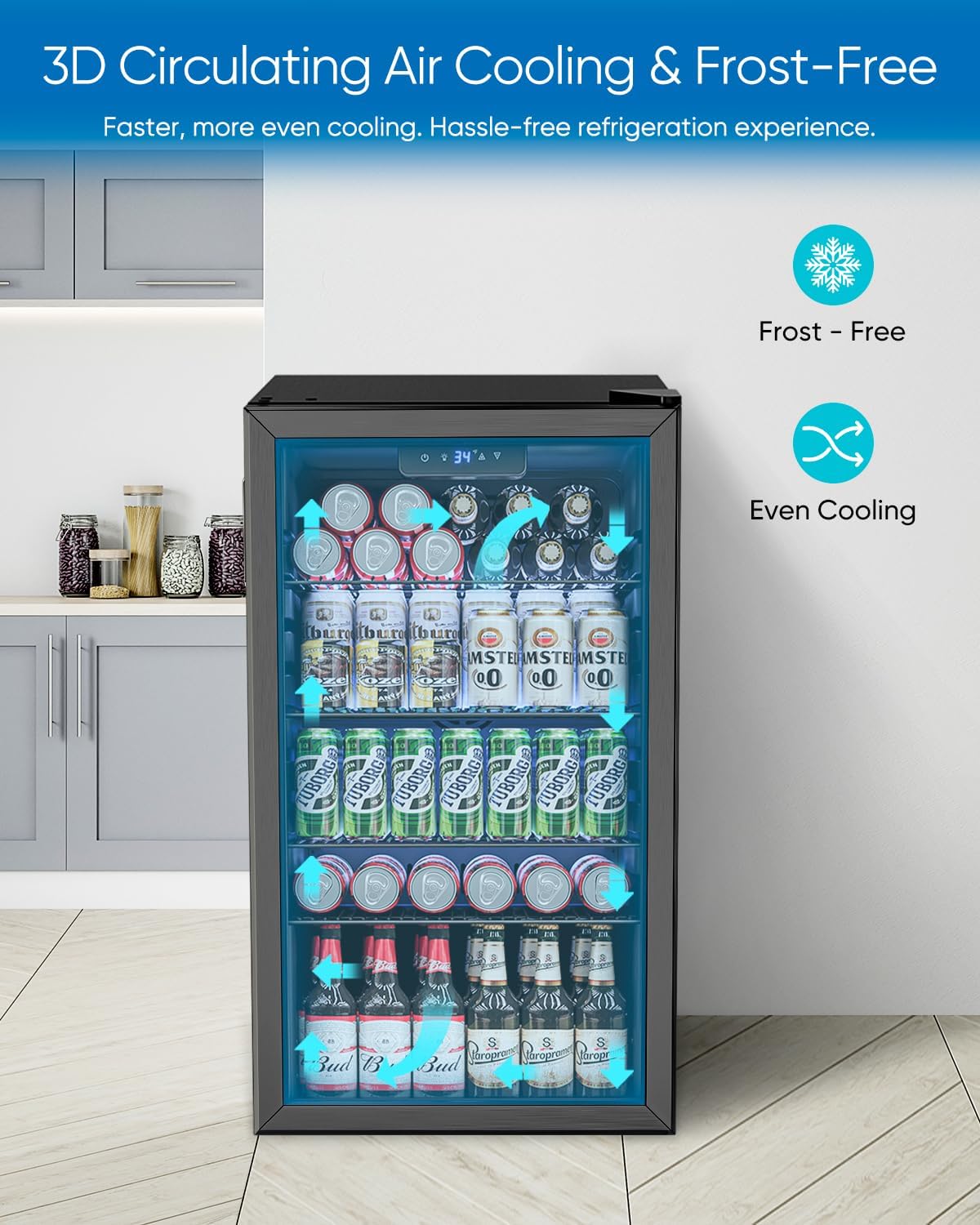 Beverage Refrigerator Cooler - 126 Can Mini Fridge Glass Door for Drinks Soda Beer Wine - Small Refrigerator for Office Bedroom Home Bar, 4 Adjustable Shelves, 3.2 Cu.Ft, Silver wourant