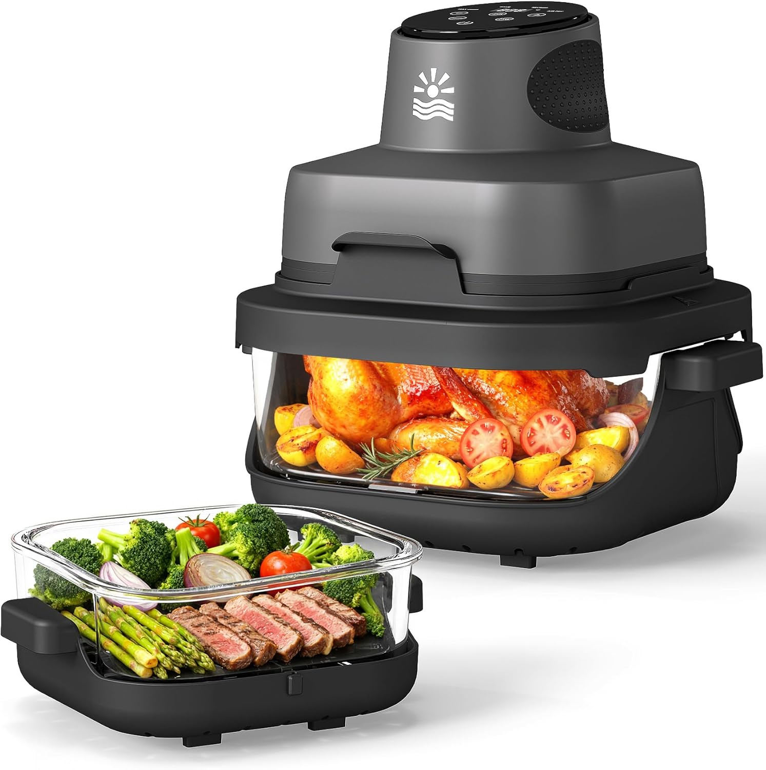 Rellytech Portable Glass Air Fryer - 1500W, 4.2 QT & 6-Cup Dual Glass Containers wourant