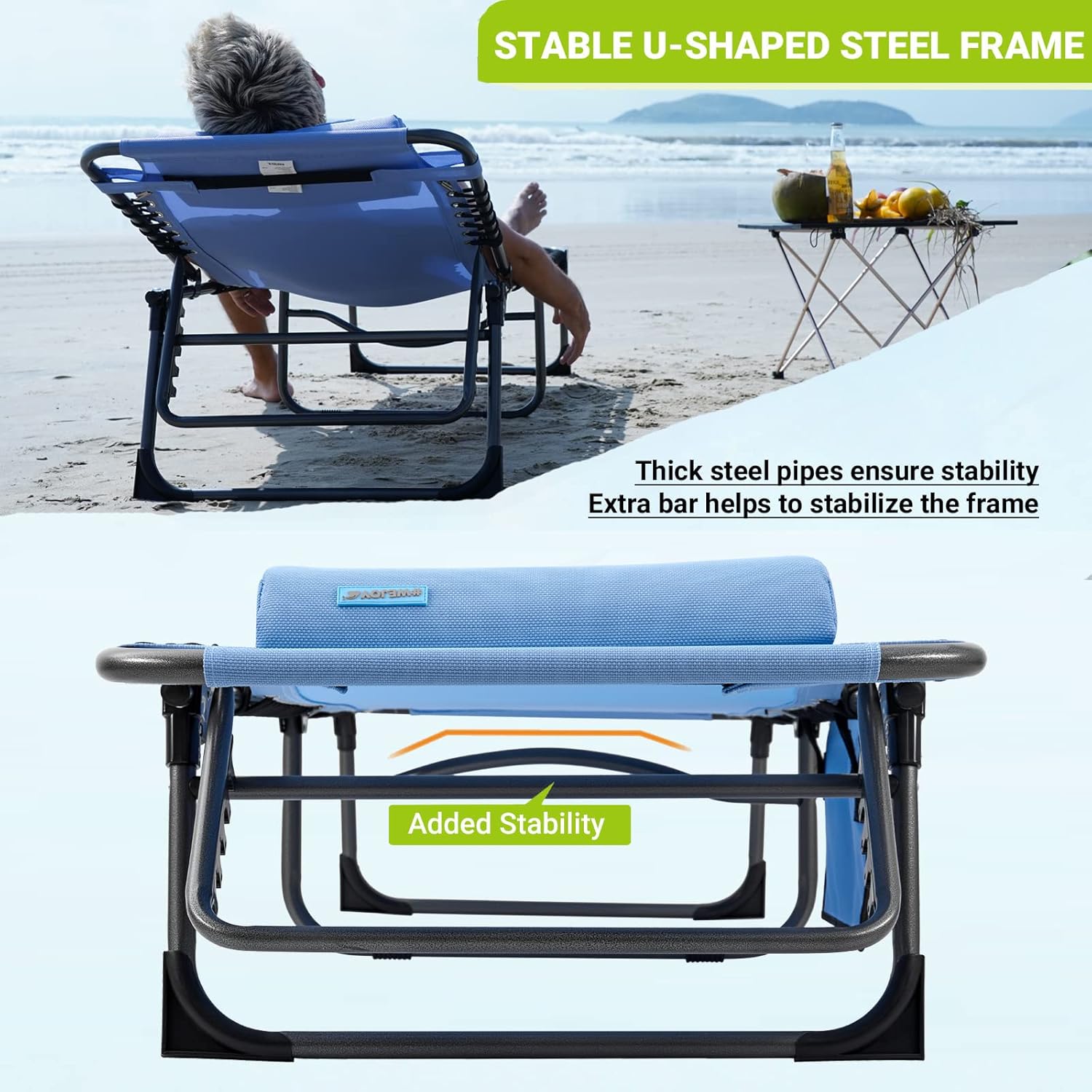 2 Pack Outdoor Chaise Lounge Chair - Portable Folding Patio Pool Lounge Chair, 5 Positions Adjustable Reclining Camping Chair with Side Table,Shoulder Strap, Pillow for Beach Sunbathing Lawn wourant