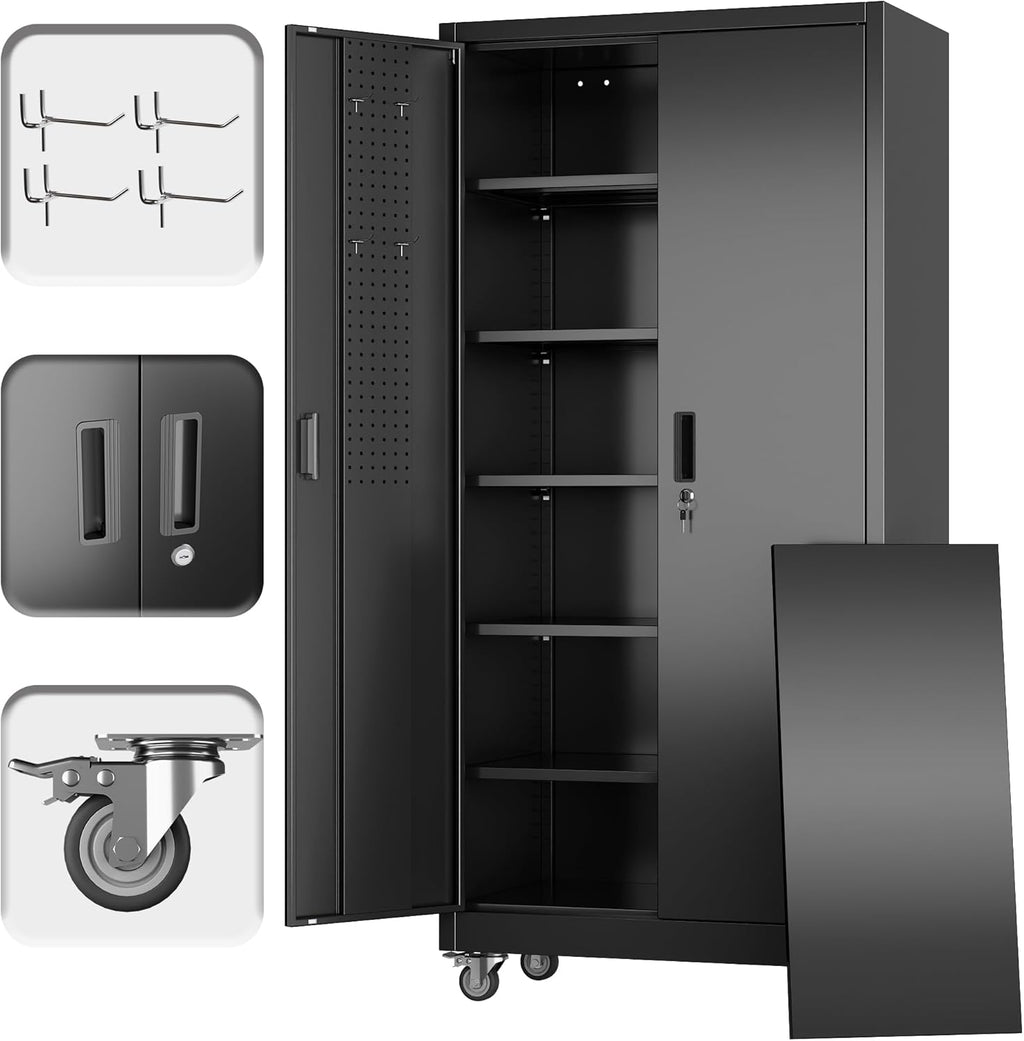 Metal Storage Cabinet with Pegboard 71'' x 34'' x 18'',Lockable Steel Storage Cabinet with 5 Adjustable Shelves and Door for Garage, Office, Kitchen, Assembly Required(Black) wourant