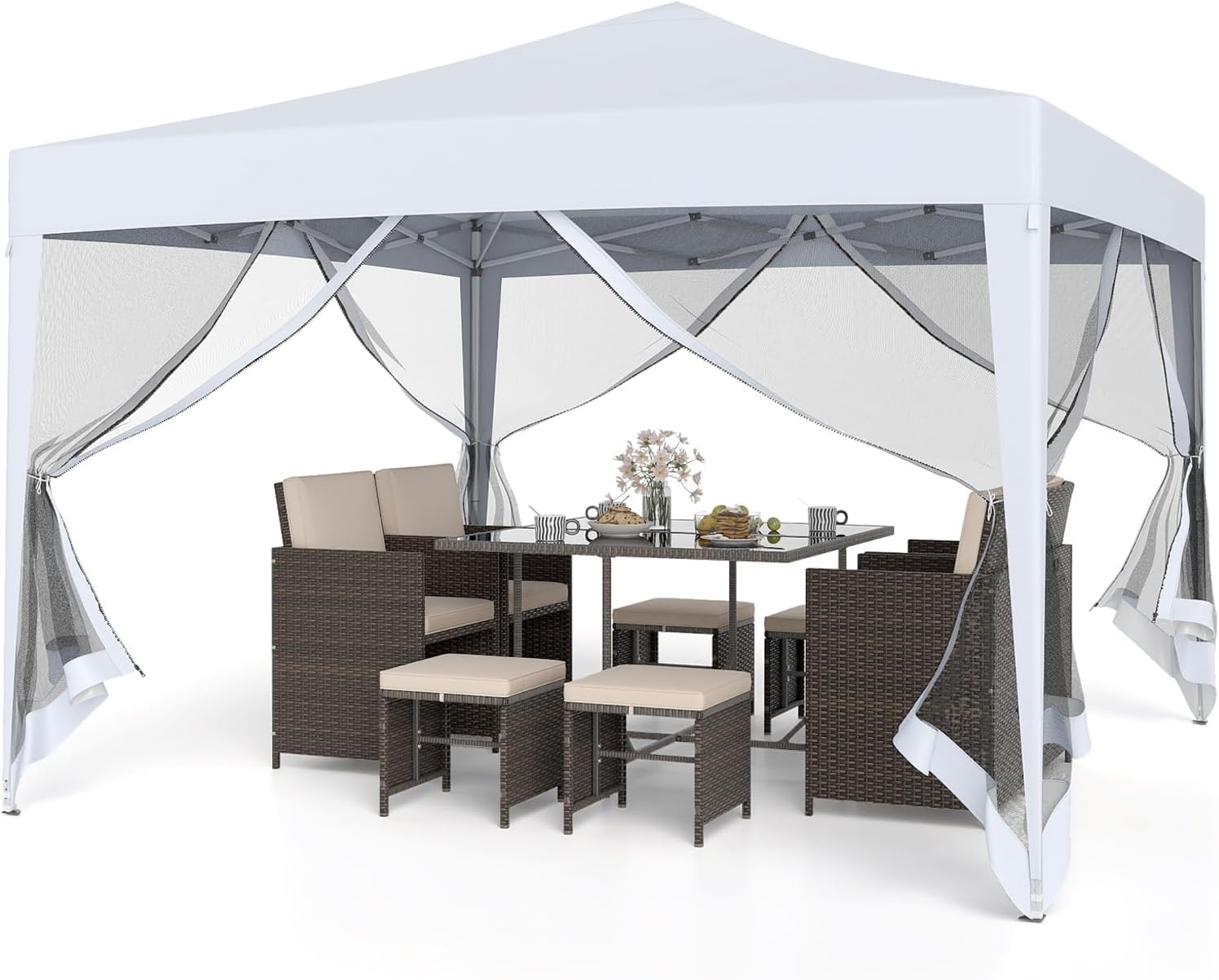 Goplus 10 FT x 10 FT Pop-Up Canopy Tent, Easy Setup Instant Folding Shelter w/Mesh Netting, Carry Bag, 8 Stakes & 4 Ropes, Height Adjustable Sunshade, Commercial Tent for Camping (Coffee) woonhhop