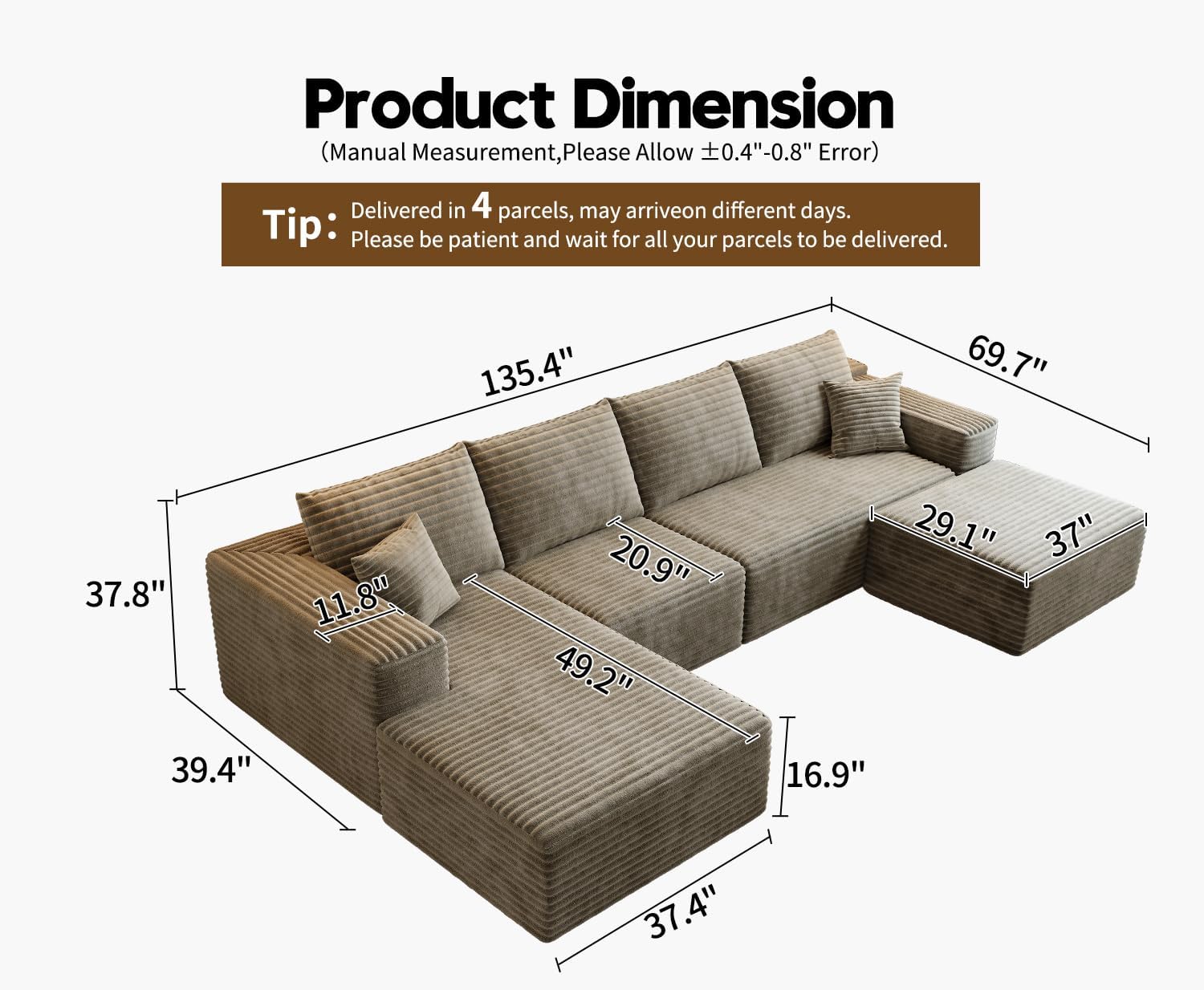 107.5 inch Cloud Modular Sectional Sofa with L-Shaped Chaise Lounge, Modern Minimalist Upholstered Sofa Deep Seating Corner Sofa wourant
