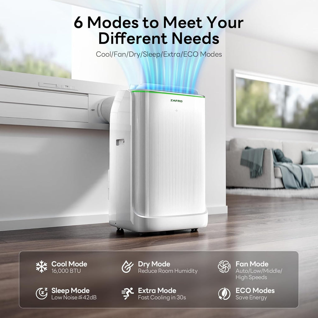 ZAFRO 8,000 BTU Portable Air Conditioners, 4 Modes Portable AC Unit with Fast Cooling/Energy Efficient/Remote/24Hrs Timer for Bedroom/Dorms/Indoor Rooms, White wourant