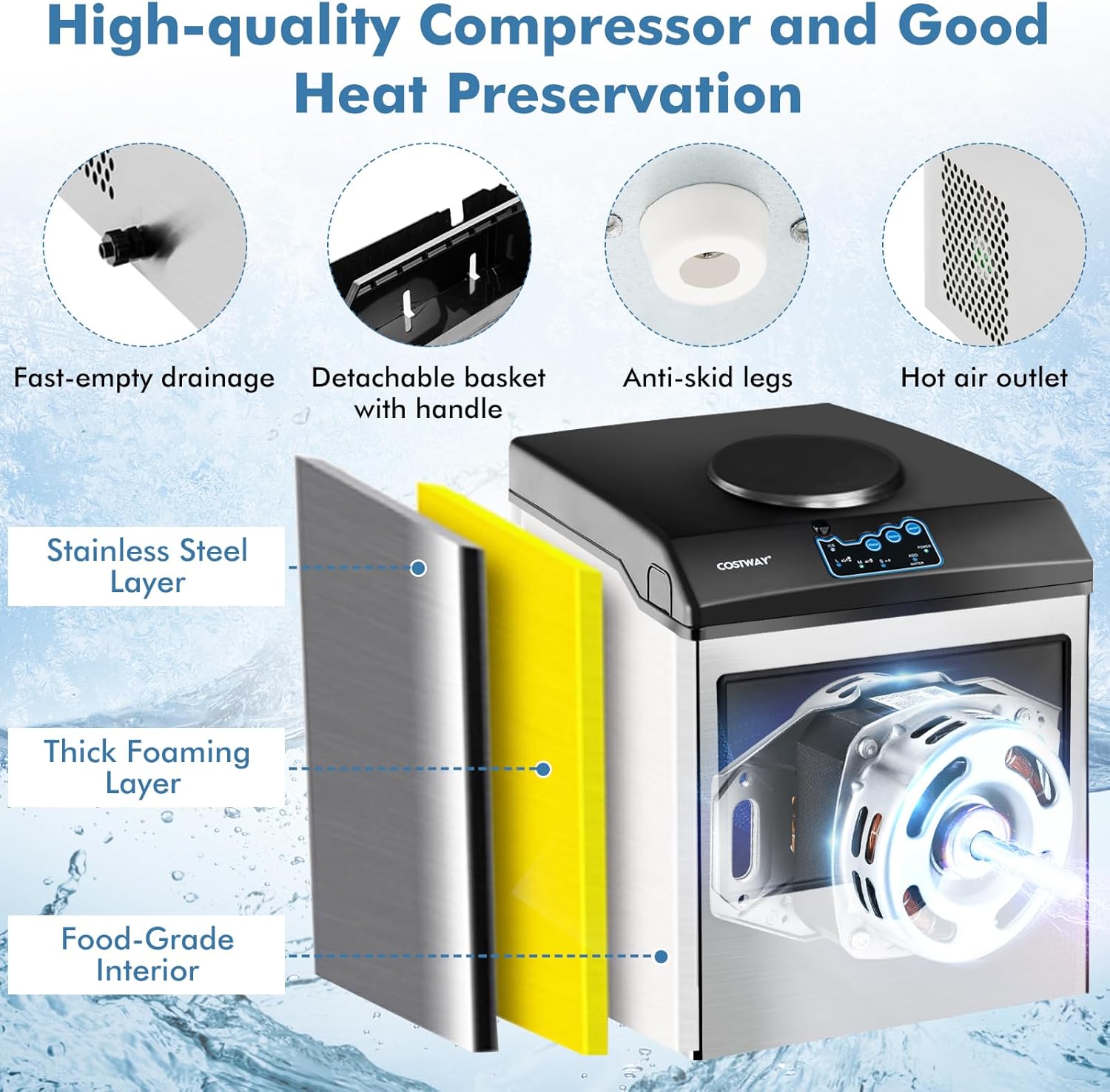 COSTWAY Countertop Ice Maker with Water Dispenser, 3 Sizes Bullet Shaped Ice, 48lbs/Day, Fast Ready in 6 Minutes, Ice Machine with Cold Water for Home Bar Kitchen Office wourant