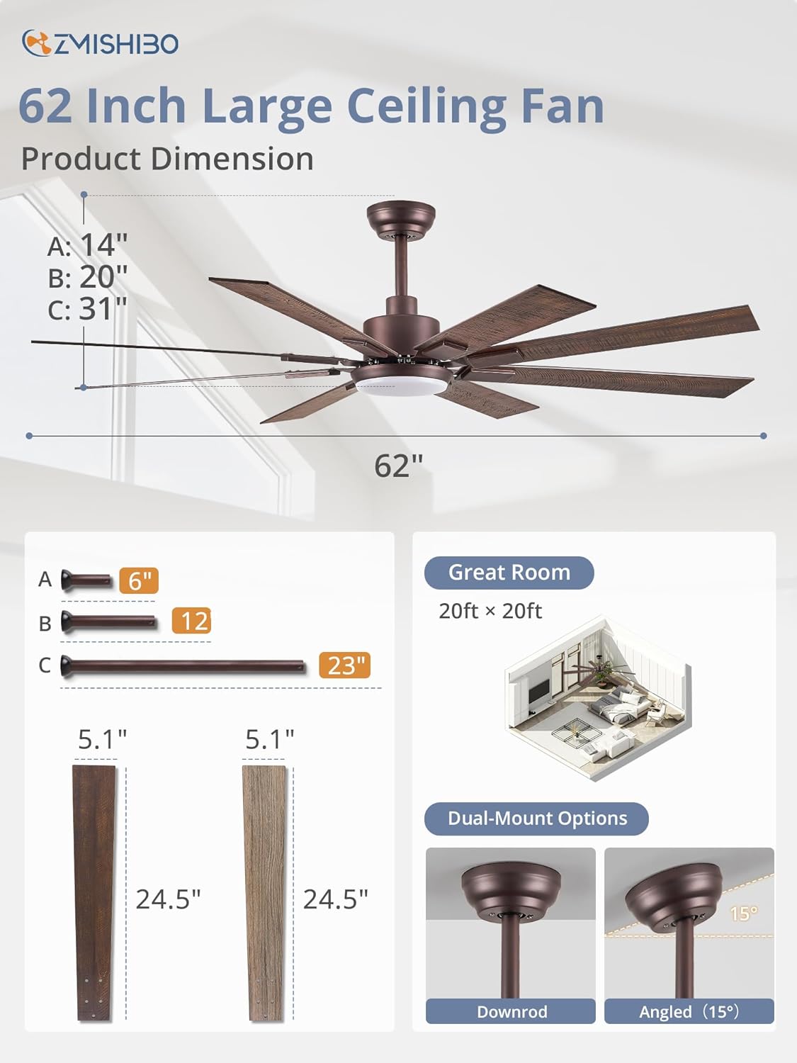 ZMISHIBO 72 inch Large Ceiling Fans with Lights and Remote, Indoor/Outdoor Black Modern Ceiling Fan for Kitchen Living Room Patio, 6 Speed Reversible Quiet DC Motor, 3 CCT, Dual Finish 8 Blades wourant