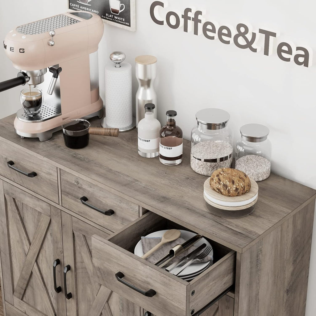 Modern farmhouse sideboard, barn door buffet storage cabinet with drawers and shelves, wooden coffee bar with storage wourant