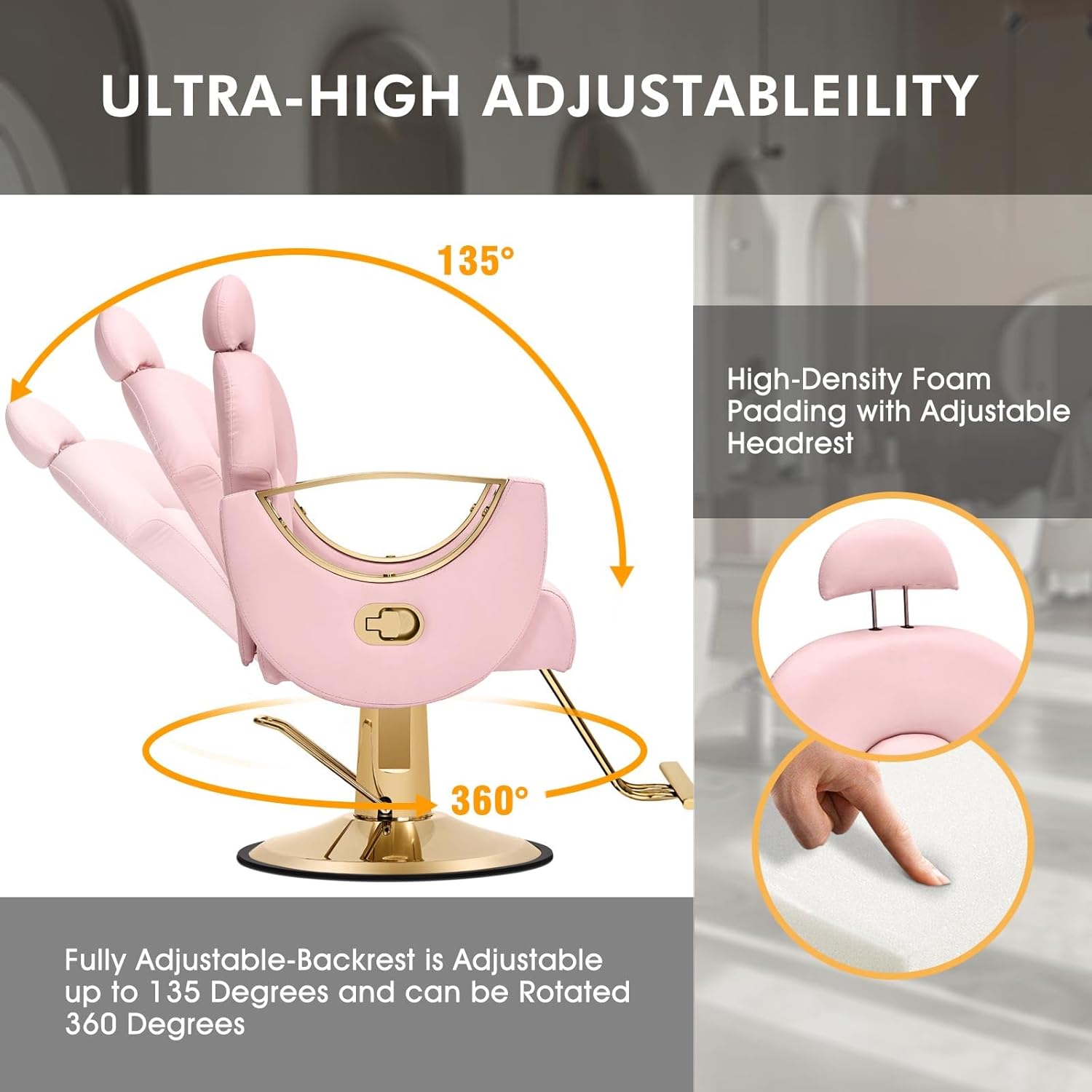 Artist Hand Salon Chair Reclining Barber Chair Oversized Hydraulic Pump Heavy Duty Hair Salon Chair 360 Degree Swivel Hair Chair for Hair Stylist, Beauty Spa Equipment Max Load 400 LBS, Black and Gold wourant