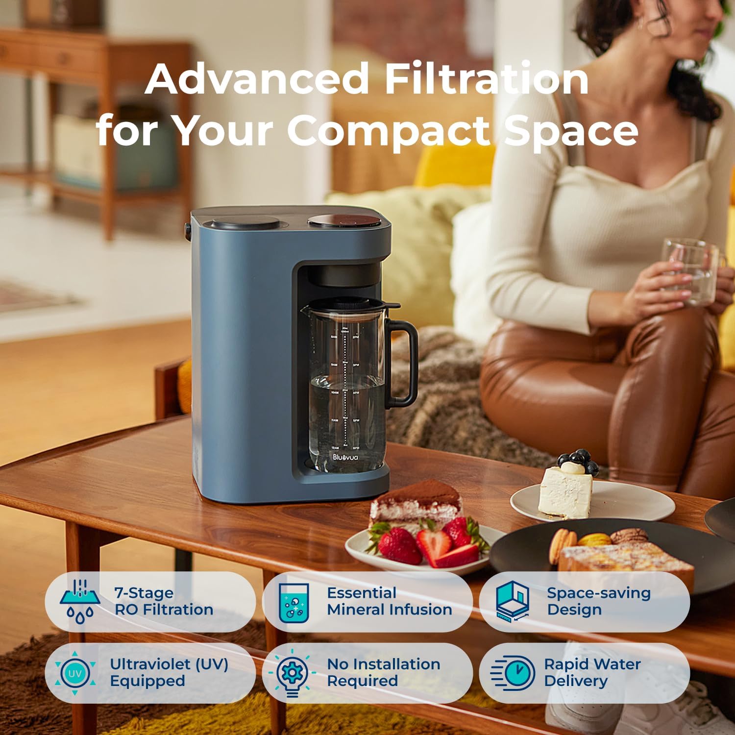 Bluevua RO100ROPOT-Lite(UV) reverse osmosis system countertop water purifier, 7-stage purification, with UV and remineralization functions, TDS and filter life monitoring wourant