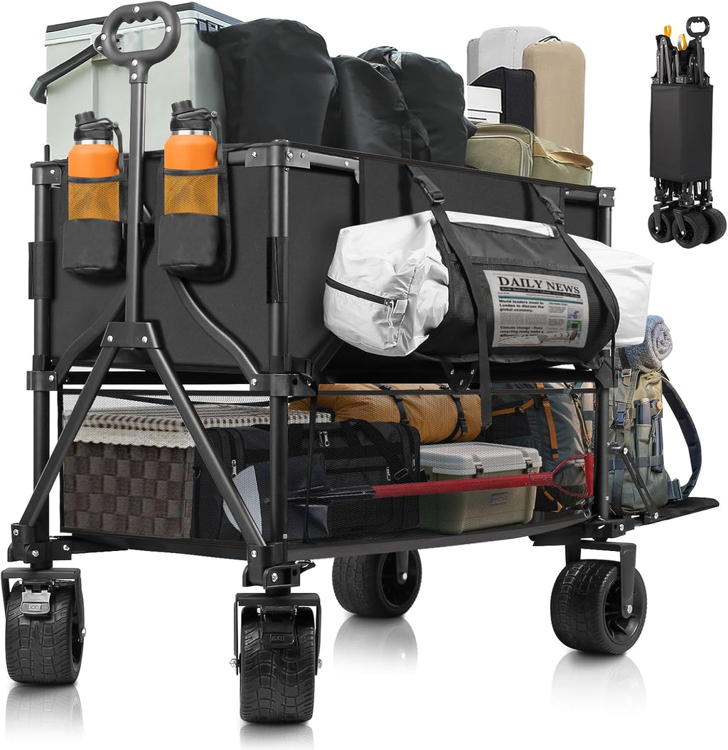 Double Decker Wagon Heavy Duty Collapsible, 600LBS 400L Capacity Foldable Utility Cart with Big Wheels wourant