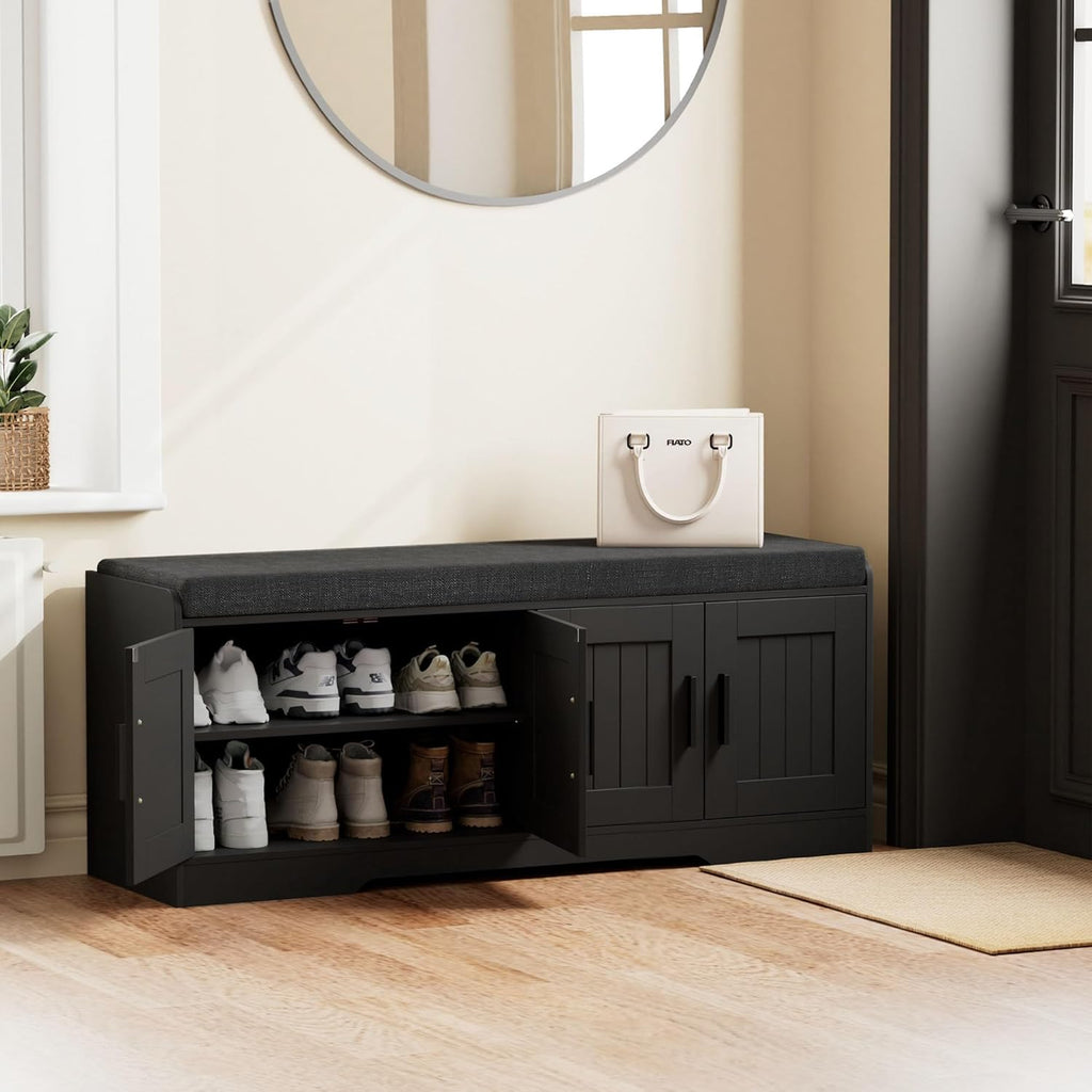 2-Tier Storage Bench, Shoe Bench with Thickened Padded Seat Cushion, Entryway Bench with 4 Doors, Adjustable Shelf, 13.8" D x 45.3" W x 18.5" H, for Entryway, Living Room, Bedroom, White wourant