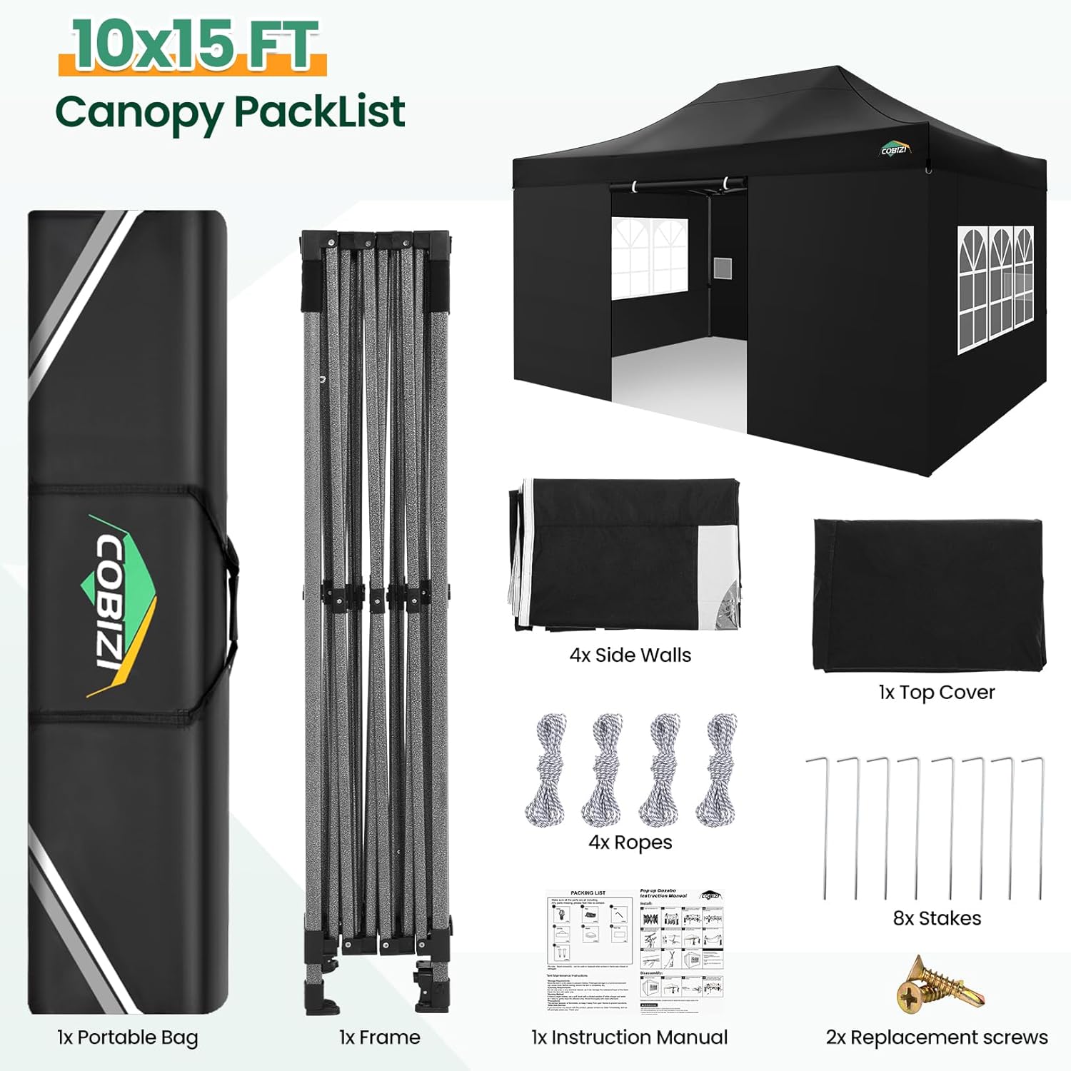 COBIZI 10x20 Heavy Duty Pop up Canopy Tent with 6 sidewalls Easy Up Commercial Outdoor Canopy Wedding Party Tents for Parties All Season Wind & Waterproof Gazebo with Roller Bag,Black(Frame Thickened) wourant
