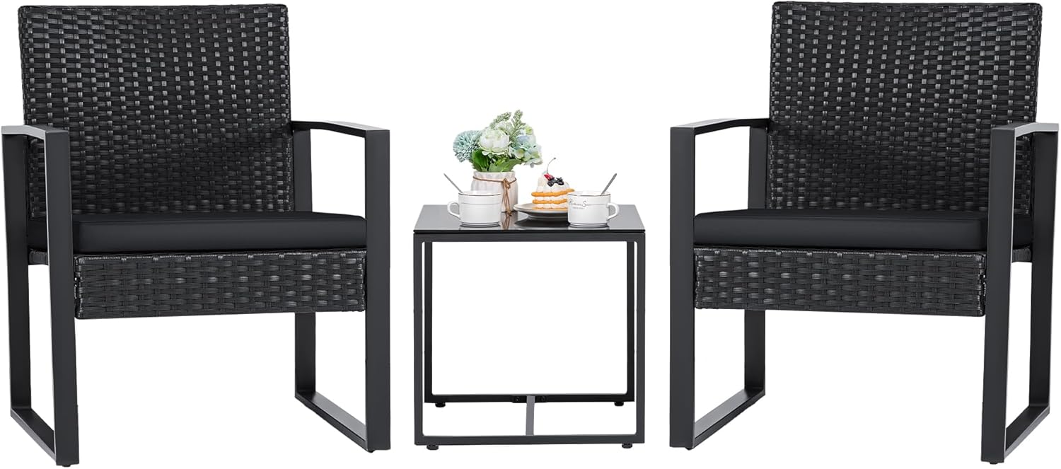 Flamaker 3 Pieces Patio Set Outdoor Wicker Furniture Sets Modern Rattan Chair Conversation Sets with Coffee Table for Yard and Bistro (Black) wourant