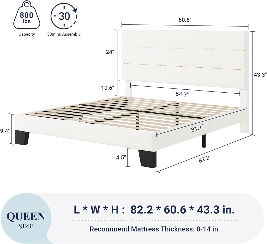 Allewie Queen Size Platform Bed Frame Fabric Upholstered Headboard Wooden Slats Support wourant