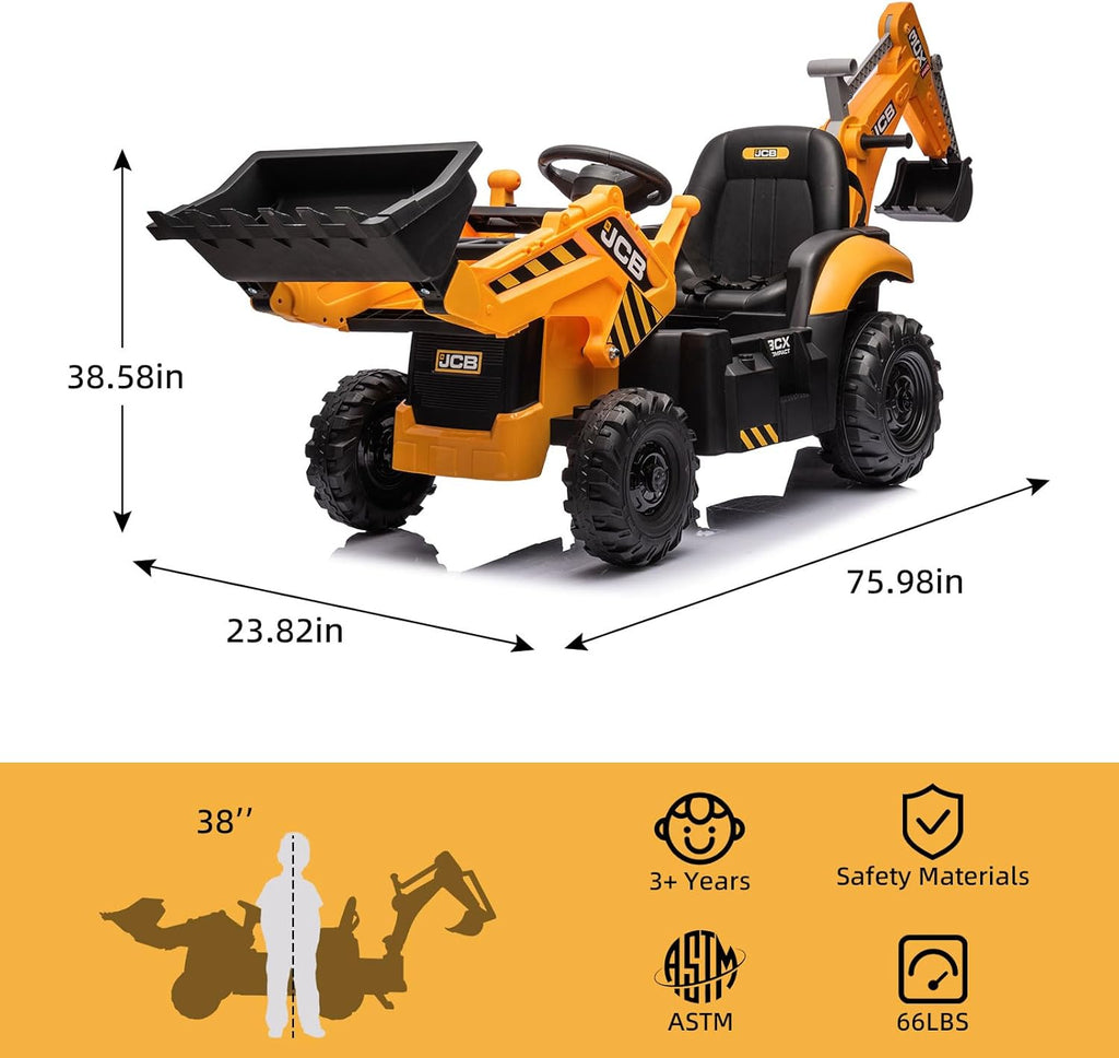 12V JCB Ride On Excavator, Ride on Toys for Kids 4-8, Electric Car for Kids with Tractor, Bulldozer, Digging Arm, Backhoe Toy Car with Slow Start/Stop, Adjustable Speeds wourant