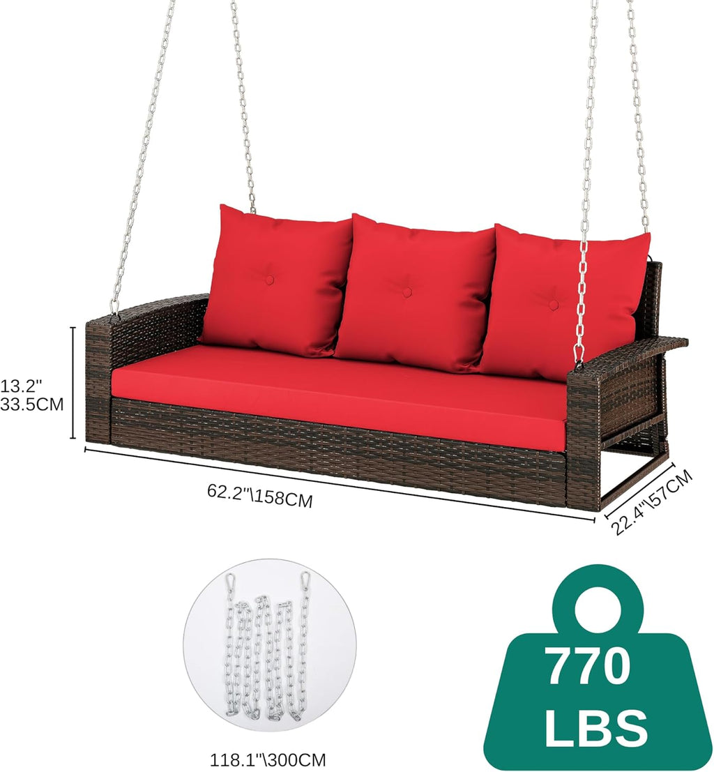 YITAHOME Hanging Porch Swing Chair Sits 3 People, Wicker Outdoor Swing Bench, Patio Lounge Chair, 1 Seating Cushion and 3 Back Cushions, w/Removable Covers, for Garden, Balcony, Backyard, Brown wourant