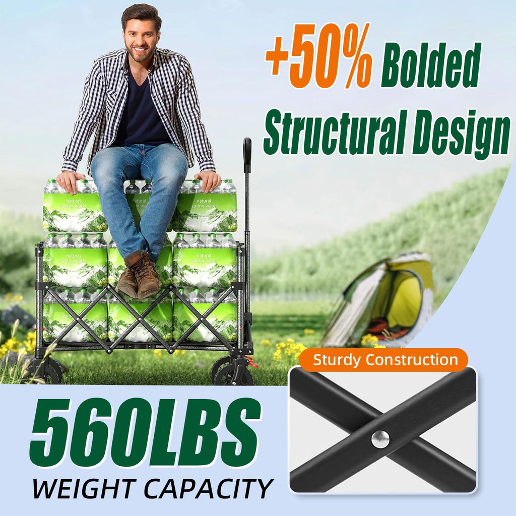 Foldable 4-wheel cart, foldable, 37 inches long, 480 lb capacity, heavy-duty beach cart, shopping cart with wheels wourant