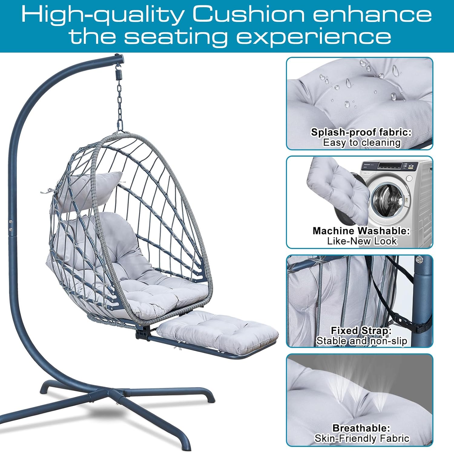 Hanging Egg Chair Stand Leg Rest Rattan Wicker Swing Hammock Chair UV-Resistant Cushion wourant