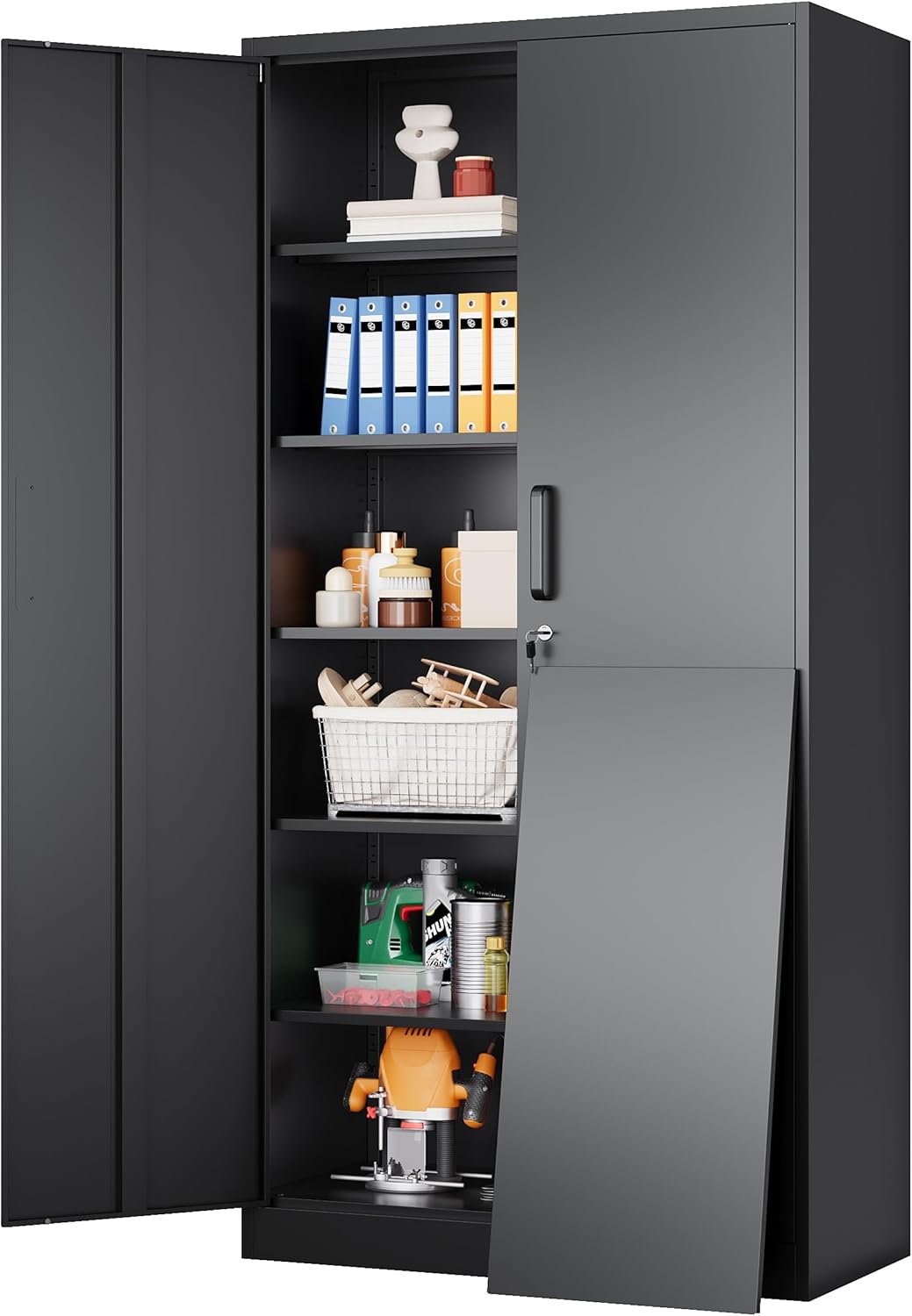Metal Storage Cabinet with 2 Doors and 6 Shelves, Black Metal Cabinet with Lock, 71 Inch Lockable Garage Storage Cabinet wourant