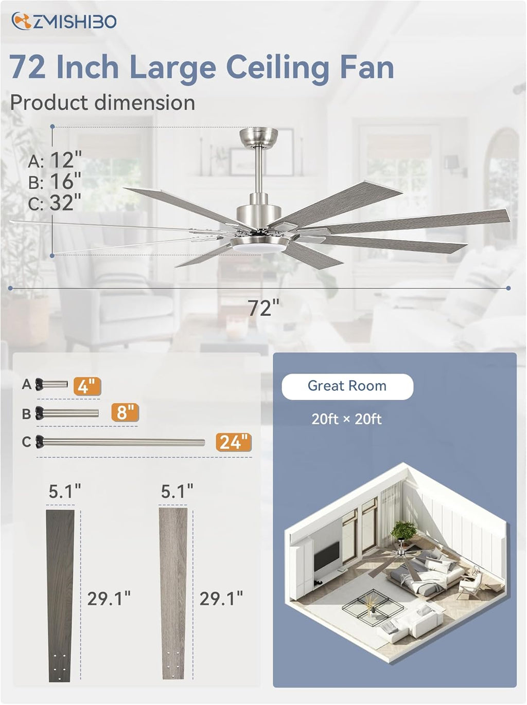 ZMISHIBO 72 inch Large Ceiling Fans with Lights and Remote, Indoor/Outdoor Black Modern Ceiling Fan for Kitchen Living Room Patio, 6 Speed Reversible Quiet DC Motor, 3 CCT, Dual Finish 8 Blades wourant