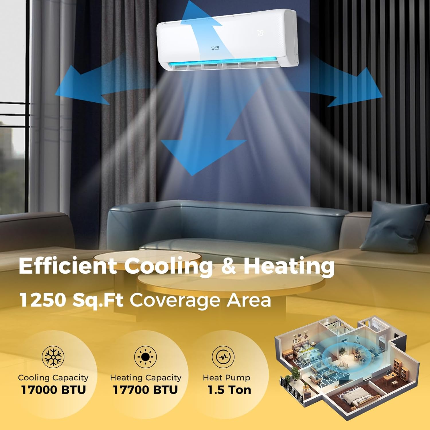 COSTWAY 12000BTU Mini Split Air Conditioner& Heater, 20 SEER2 115V Wall-Mounted Ductless AC Unit Cools Rooms up to 750 Sq. Ft, Energy Efficient Inverter AC with Heat Pump (Blast Series) wourant