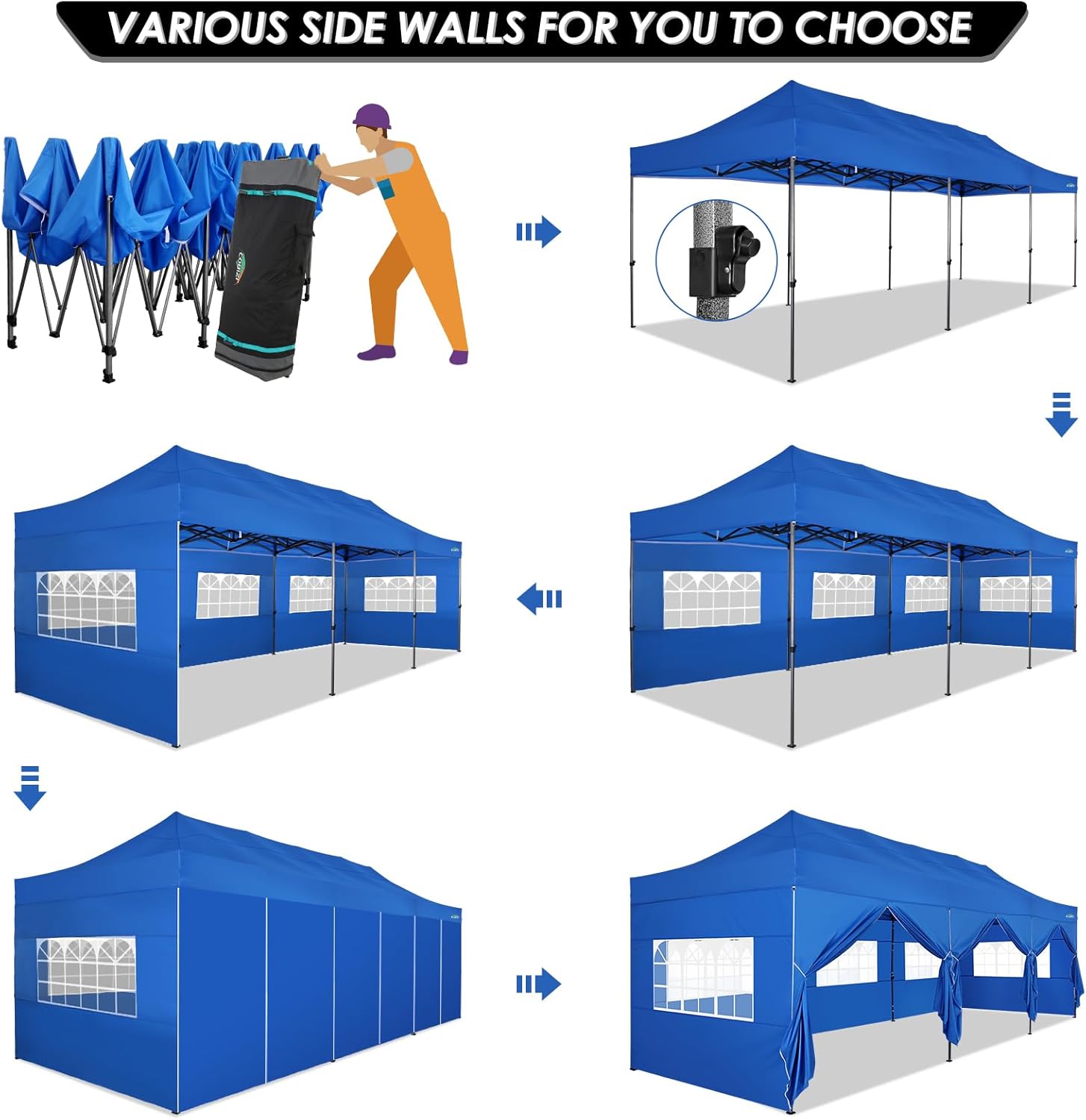 COBIZI 10x20 Heavy Duty Pop up Canopy Tent with 6 sidewalls Easy Up Commercial Outdoor Canopy Wedding Party Tents for Parties All Season Wind & Waterproof Gazebo with Roller Bag,Black(Frame Thickened) wourant