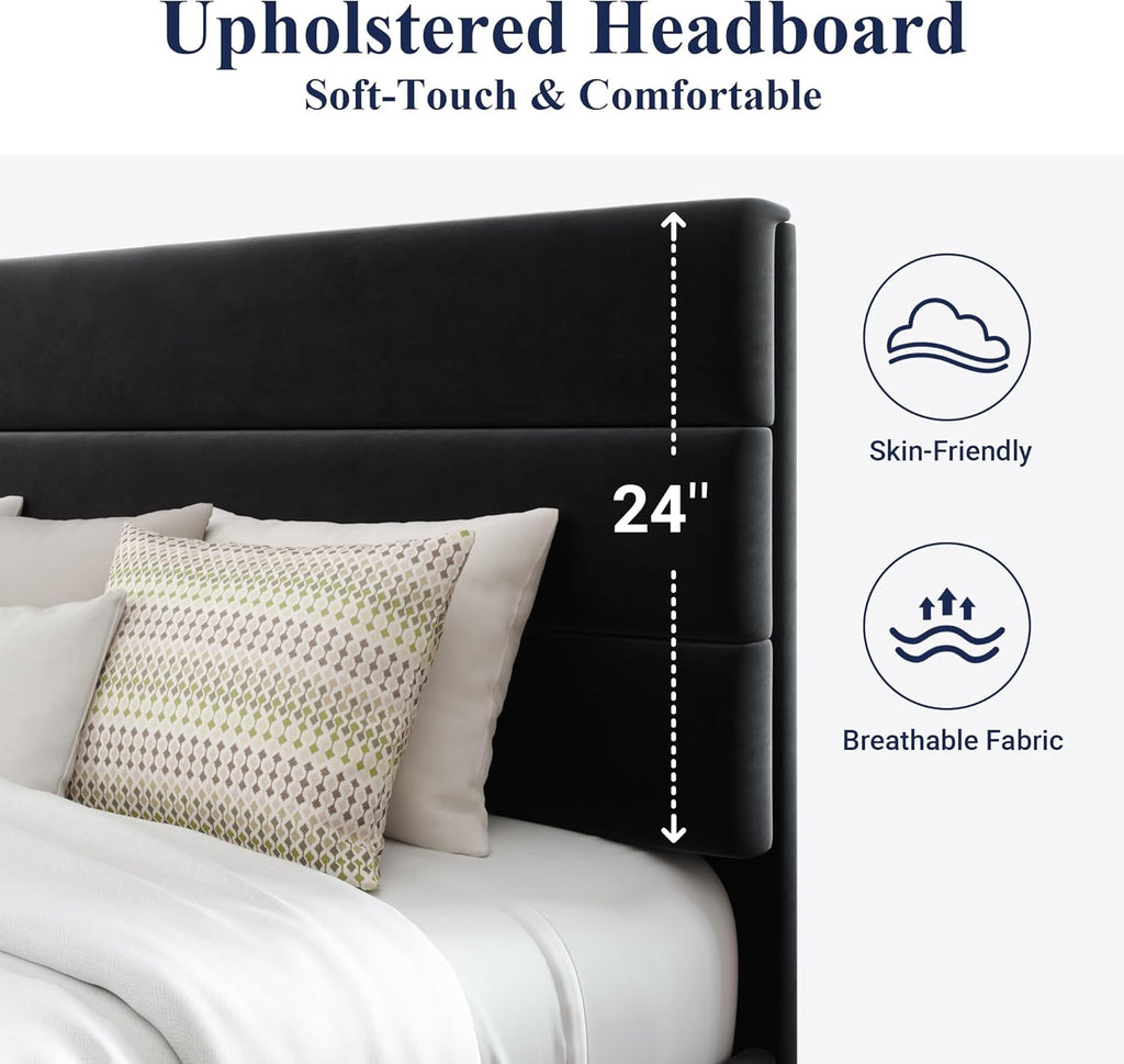Allewie Queen Size Platform Bed Frame Fabric Upholstered Headboard Wooden Slats Support wourant