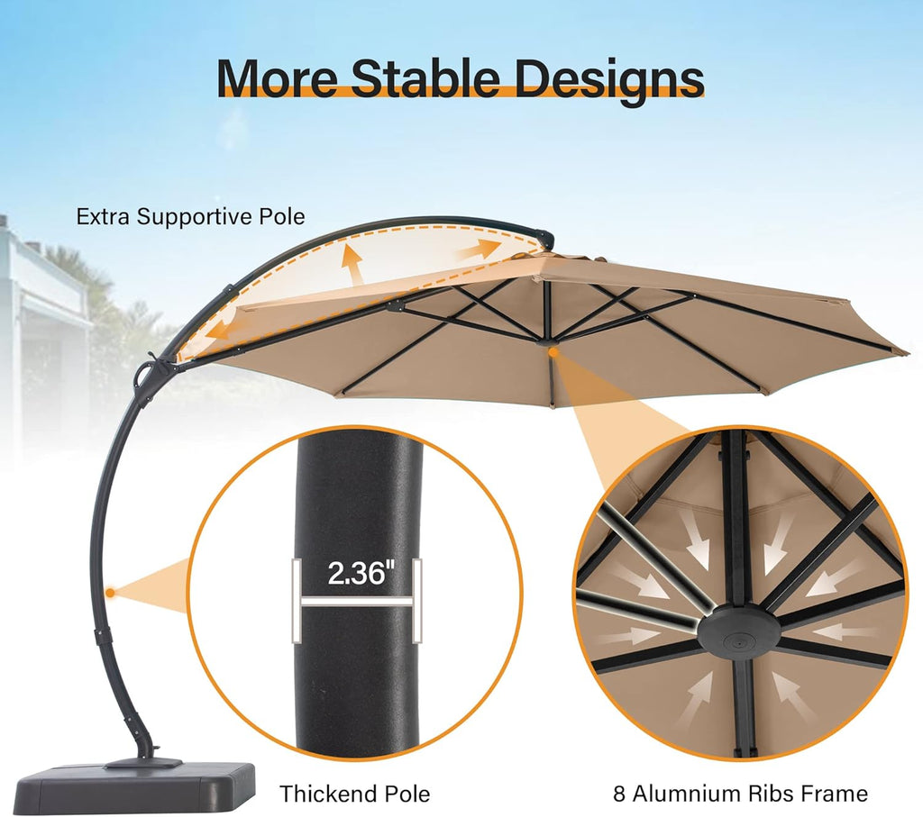 LAUSAINT HOME Outdoor Patio Umbrella with Base included, 11 FT Deluxe Curvy Cantilever Umbrella Heavy Duty Offset Hanging Umbrella with 360° Rotation for Market, Pool, Garden, Backyard, Deck (Beige) wourant