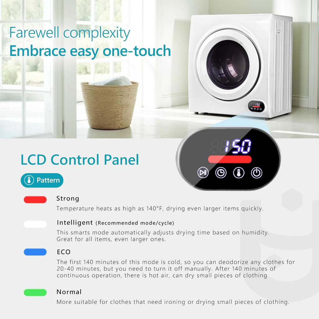 Compact Laundry Dryer, 3.5 cu ft Front Load Stainless Steel Clothes Dryers With Exhaust Pipe, 1500W, LCD Control Panel Four-Function Portable Dryer For Apartments, Home, Dorm, White wourant