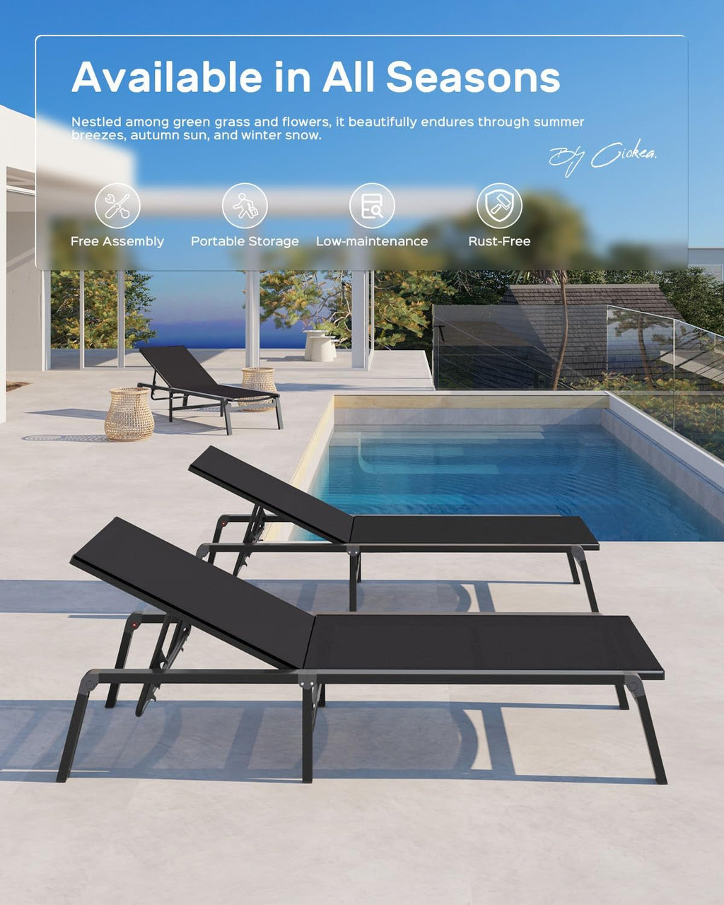 Aluminum Chaise Lounge Ourdoor - Foldable & Assemble Free Outdoor Lounge Chair with 5 Adjustable Backrest, Patio Lounge Chair for Outside Poolside Beach Pool, Black wourant