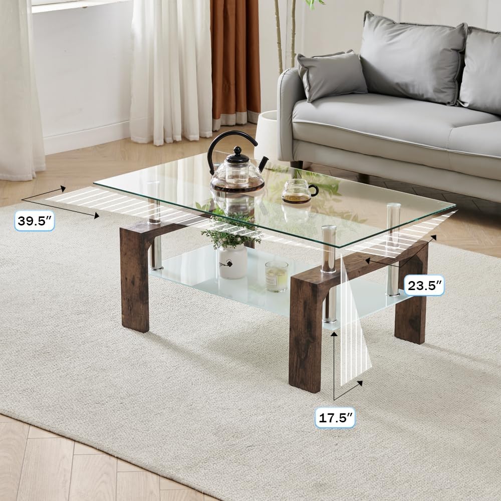 Living Room Rectangle Coffee Table, Tea Table Suitable for Waiting Room, Modern Side Coffee Table with Wooden Leg, Glass Tabletop wourant
