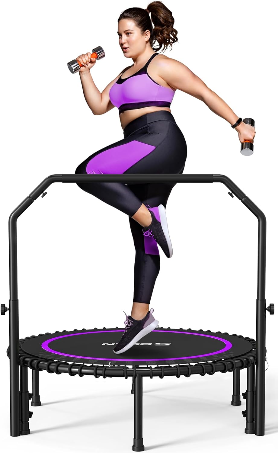 BCAN 450/550 LBS Foldable Mini Trampoline, 40"/48" Fitness Trampoline with Bungees, U Shape Adjustable Foam Handle, Stable & Quiet Exercise Rebounder for Adults Indoor/Outdoor Workout wourant