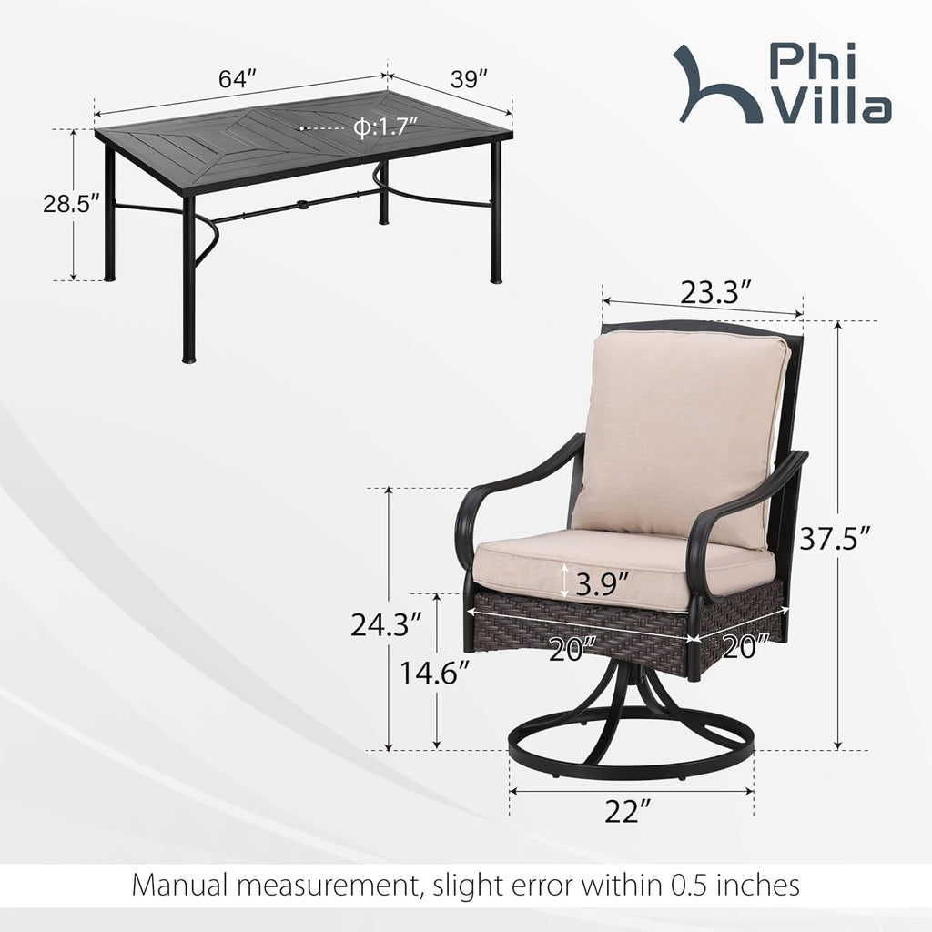 PHI VILLA 6-Piece Outdoor Dining Sets, All-Weather Patio Table and Chairs Set with Umbrella for 4, Heavy Duty Patio Round Table Set for Deck, 4 Extra Large Outdoor Swivel Chairs with Thick Cushions wourant