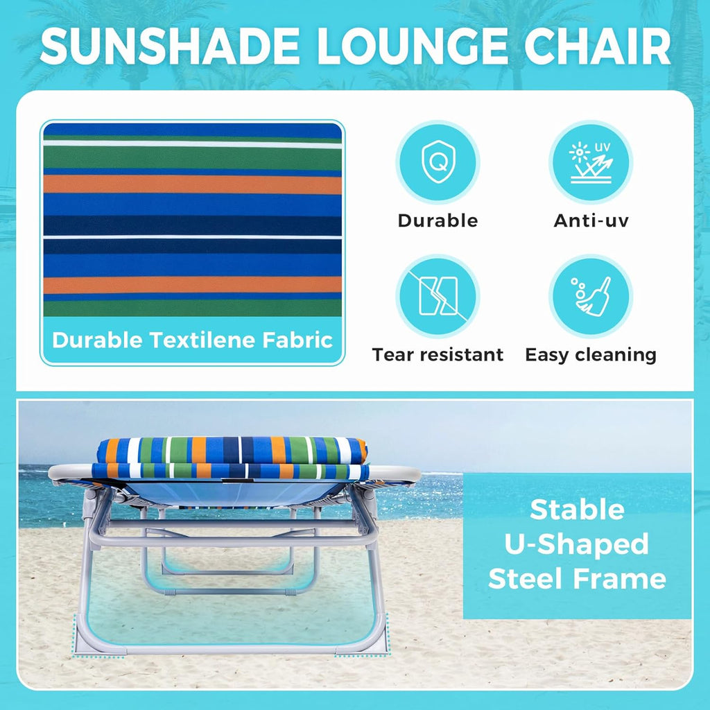 2 Pack Outdoor Chaise Lounge Chair - Portable Folding Patio Pool Lounge Chair, 5 Positions Adjustable Reclining Camping Chair with Side Table,Shoulder Strap, Pillow for Beach Sunbathing Lawn wourant