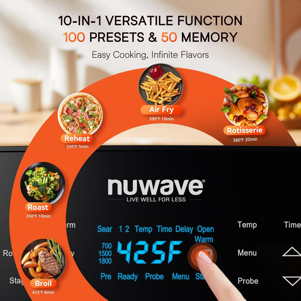 Nuwave Brio 15.5Qt Air Fryer/Oven quickly reheats, bakes, and dehydrates food with a temperature control range of 50°-425°F 1800W. wourant