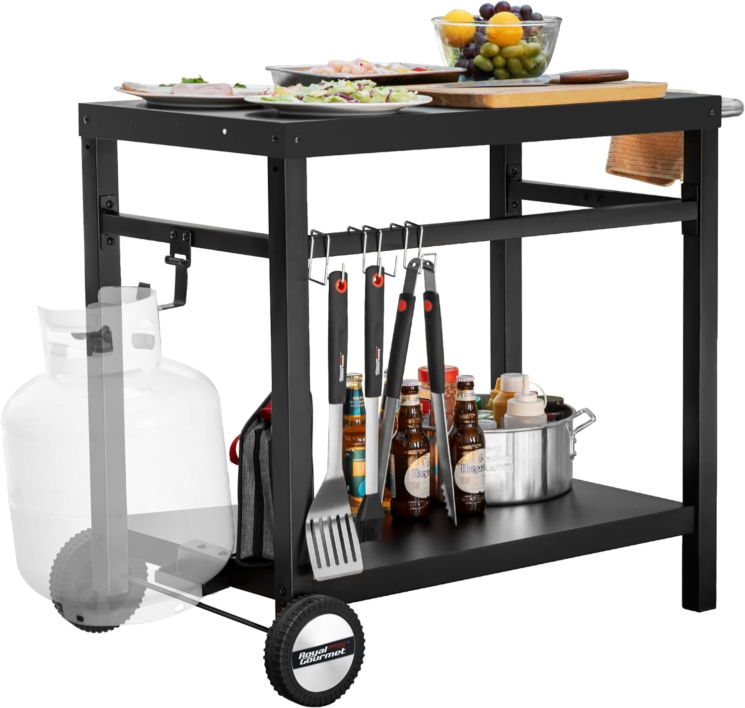 Royal Gourmet Dining Cart Table with Double-Shelf, Movable Stainless Steel Flattop Grill Cart, Hooks, Side Handle, Multifunctional PC3401B (Black) wourant