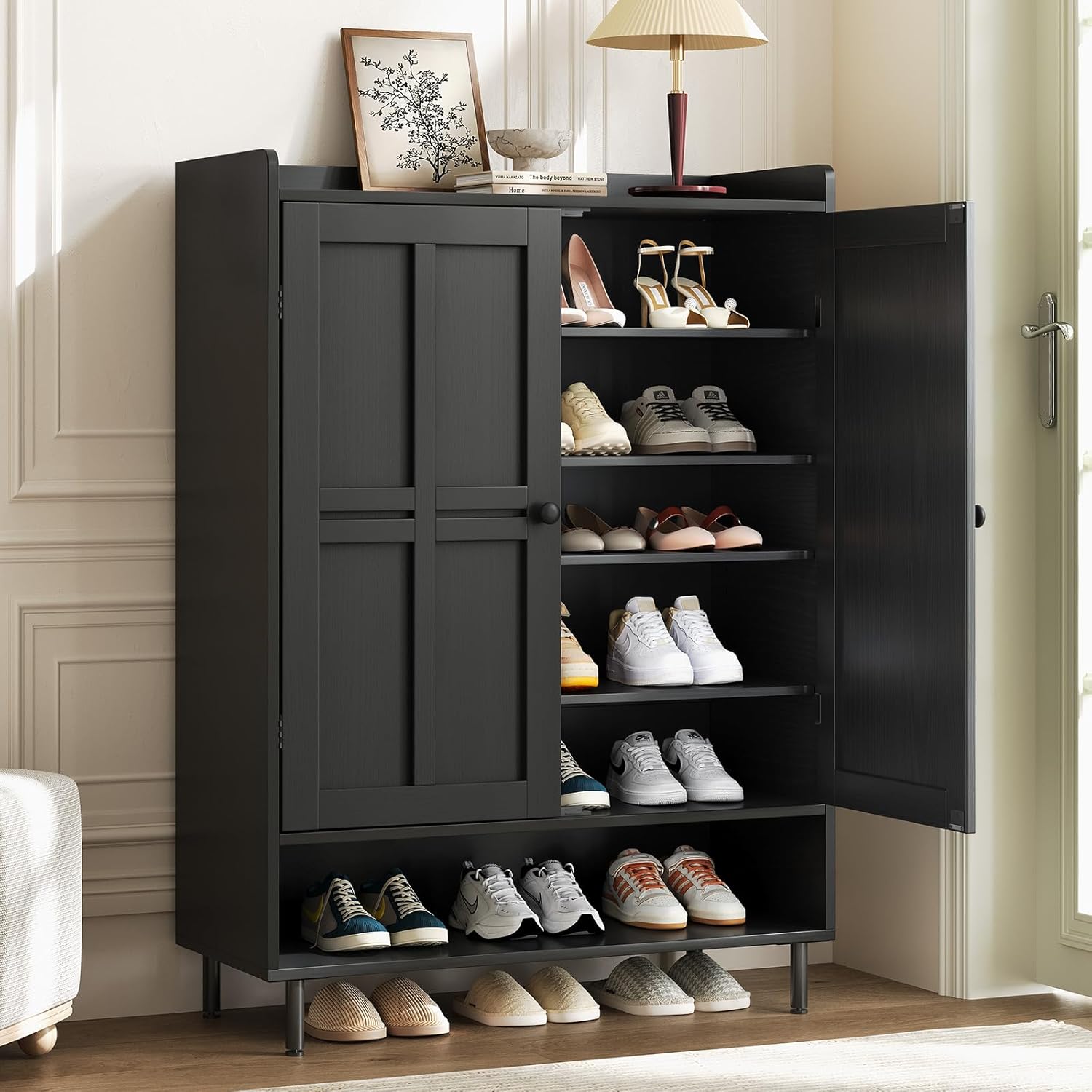 Black 7+1 Tier Farmhouse Shoe Storage Cabinet - 45" Tall Entryway Organizer wourant