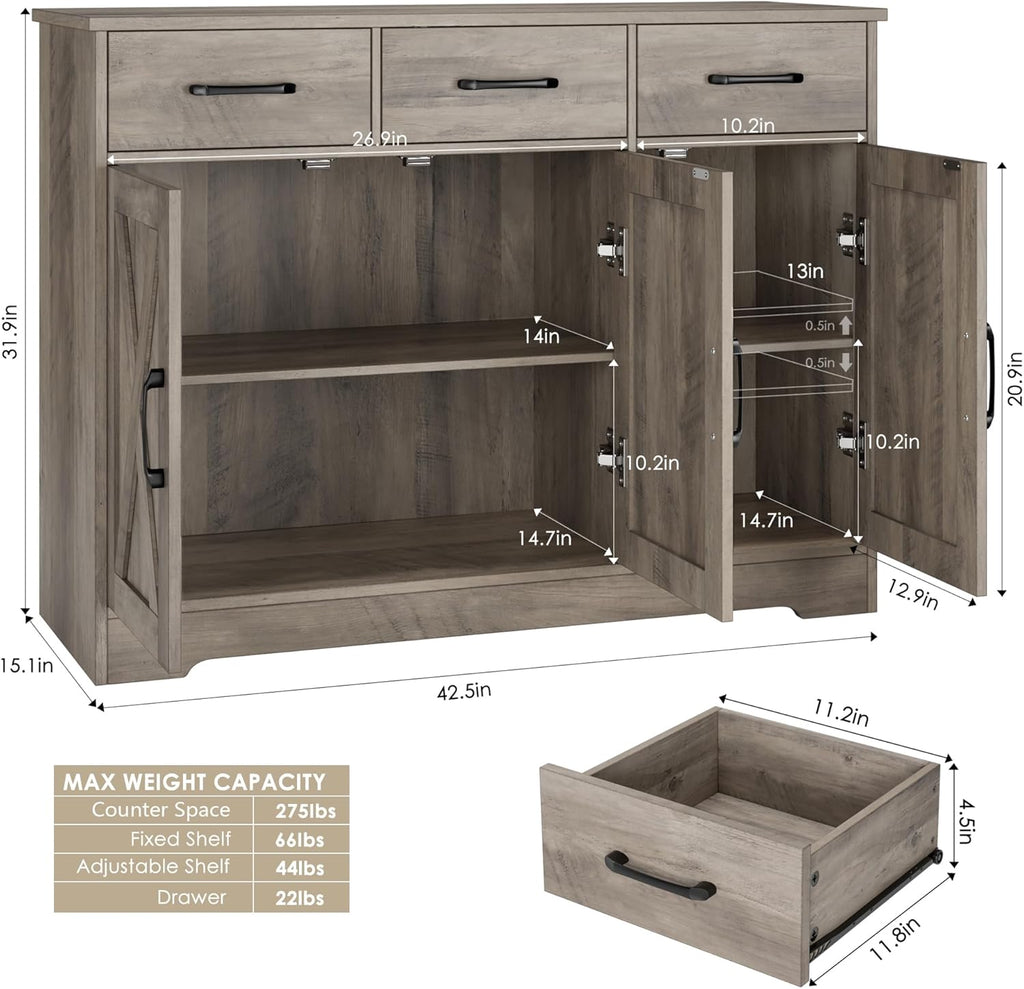 Modern farmhouse sideboard, barn door buffet storage cabinet with drawers and shelves, wooden coffee bar with storage wourant