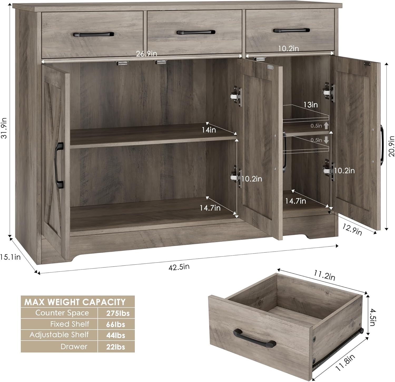 Modern farmhouse sideboard, barn door buffet storage cabinet with drawers and shelves, wooden coffee bar with storage wourant