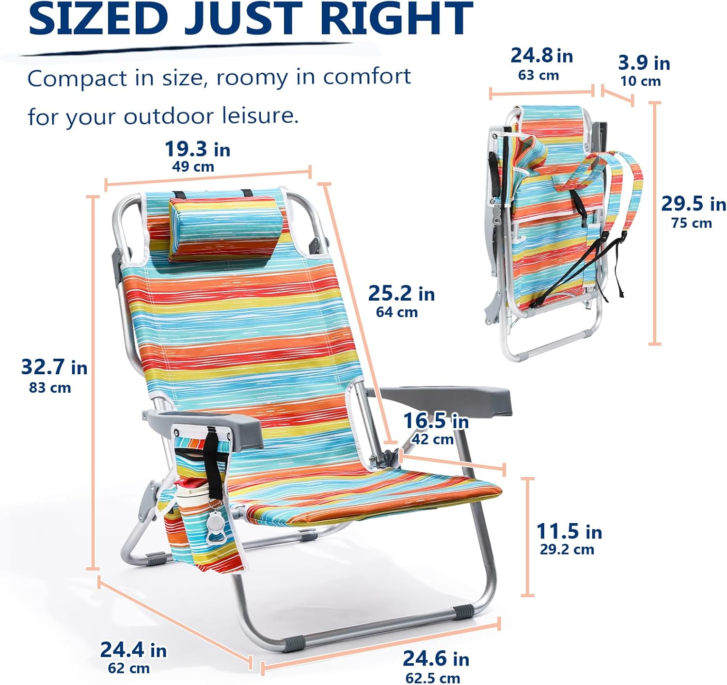 5-Position Aluminum Lay Flat Tall Backpack Beach Chairs 2 Pack Compact Portable Beach Chairs for Adults with Cooler Pouch, Storage Pouch, Towel Bar, Cup Holder & Phone Holder, Blue Stripe wourant