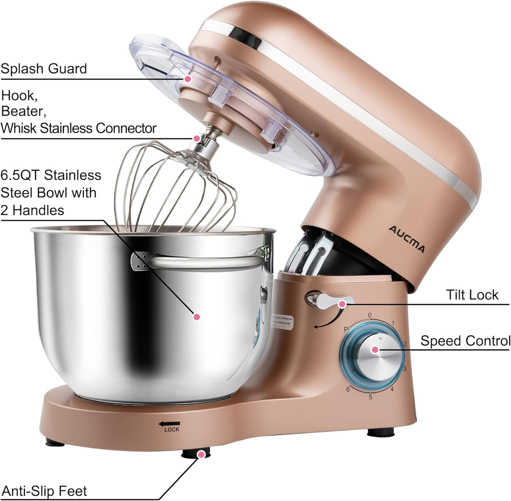 Aucma Stand Mixer,6.5-QT 660W 6-Speed Tilt-Head Food Mixer, Kitchen Electric Mixer with Dough Hook wourant