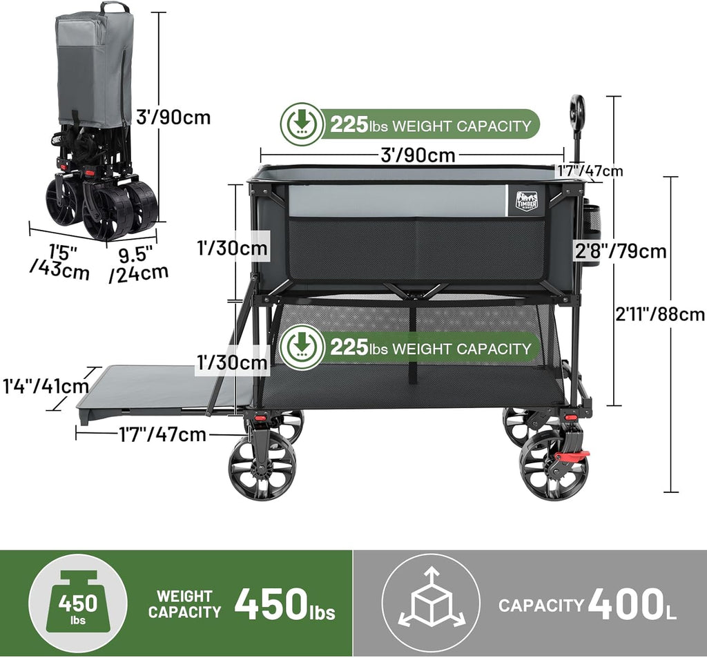 400L Large Capacity Folding Double Decker Cart with Brakes, 54 Inch Extra Long Extended Cart, 450 Pounds Heavy Duty Folding Cart wourant