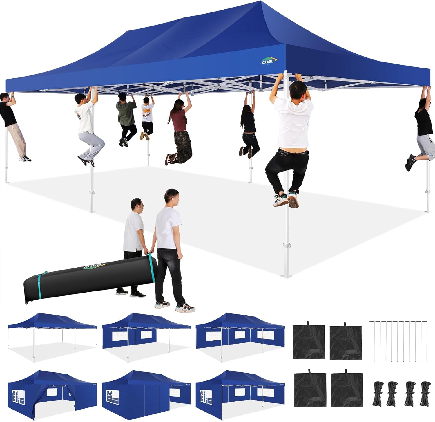 COBIZI 10x20 Heavy Duty Pop up Canopy Tent with 6 sidewalls Easy Up Commercial Outdoor Canopy Wedding Party Tents for Parties All Season Wind & Waterproof Gazebo with Roller Bag,Black(Frame Thickened) wourant