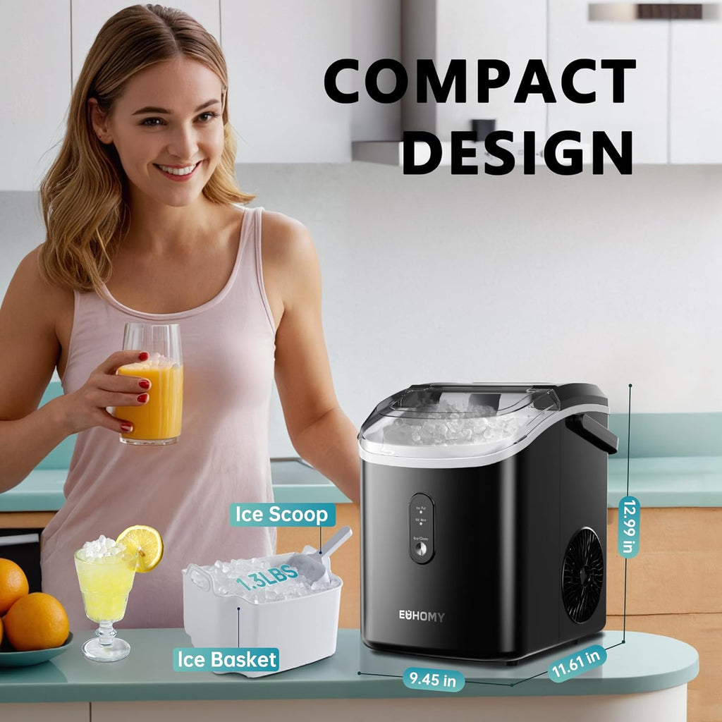 EUHOMY Nugget Ice Maker Countertop with Handle, Ready in 6 Mins, 34lbs Per Day, Removable Top Cover, Auto-Cleaning, Portable Sonic Ice Maker with Basket and Scoop, for Home/Party/RV/Camping (Black) wourant