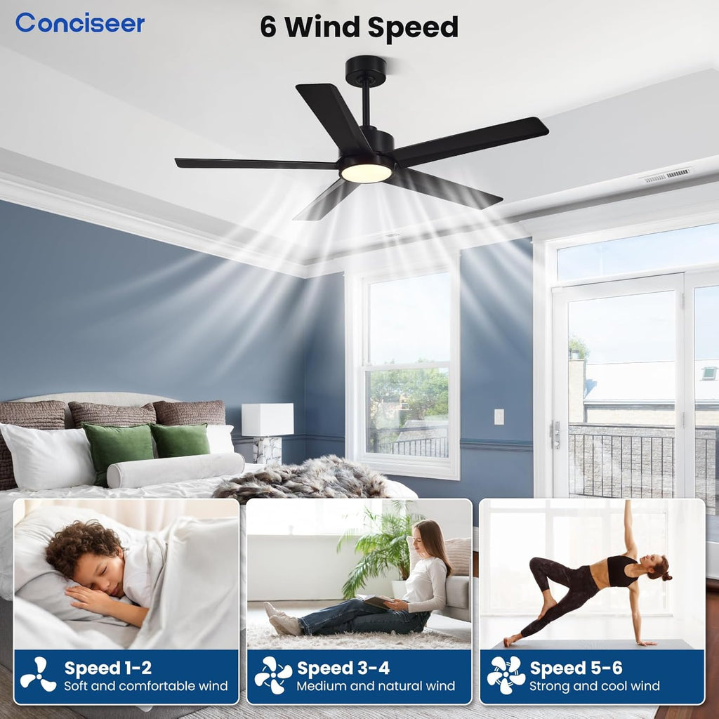 Modern Ceiling Fans with Lights, 72 Inch Ceiling Fan with Light and Remote, Bedroom Living Room Library Cafe Outdoor/Industrial,24W 3CCT Dimmable, 8 Blades 6 Speed Reversible Quiet DC Motor, Black wourant