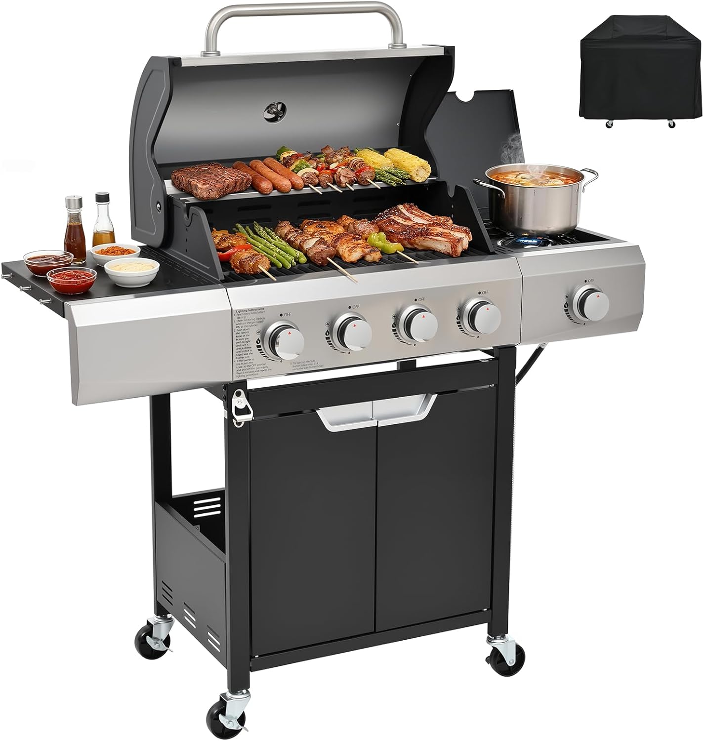 4-Burner Propane Gas Grill with Side Burner, 46,500 BTU Output Stainless Steel Grill wourant