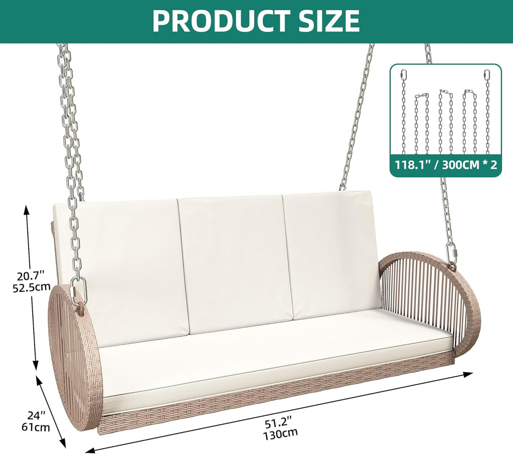 YITAHOME Hanging Porch Swing Chair Sits 3 People, Wicker Outdoor Swing Bench, Patio Lounge Chair, 1 Seating Cushion and 3 Back Cushions, w/Removable Covers, for Garden, Balcony, Backyard, Brown wourant